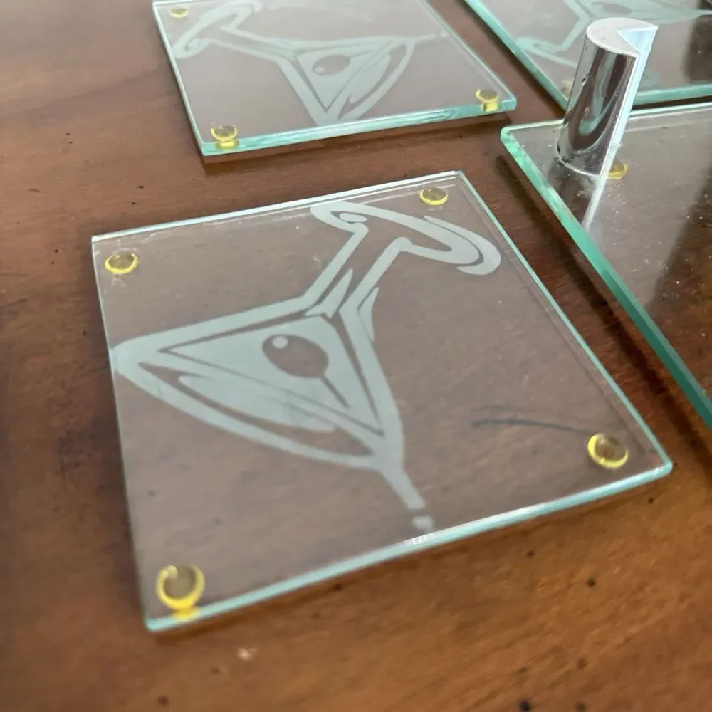 Vtg Martini Coasters Set of 6 Frosted Etched Glass Pattern w/Chrome Holder Retro